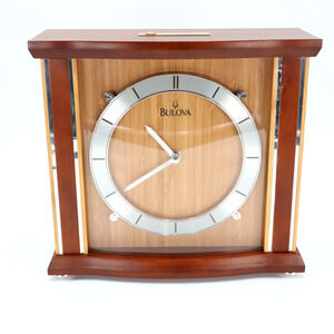 Bulova Empire Bamboo Mantel Clock Quartz 9.5 x 10 Inches Brown Silver